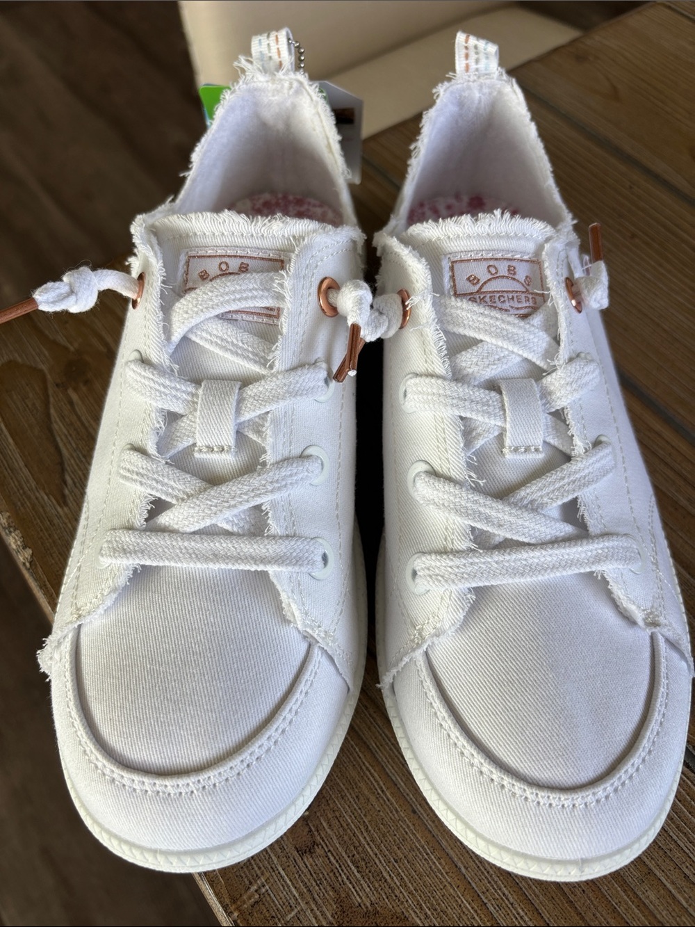 Bob’s from Skechers White Canvas Memory Foam Sneakers with Rose Gold Accents